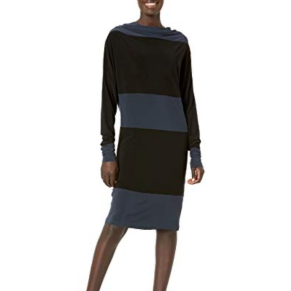 Norma Kamali Spliced All in One Dress Gray Black Color Block Funnel Neck SZ M